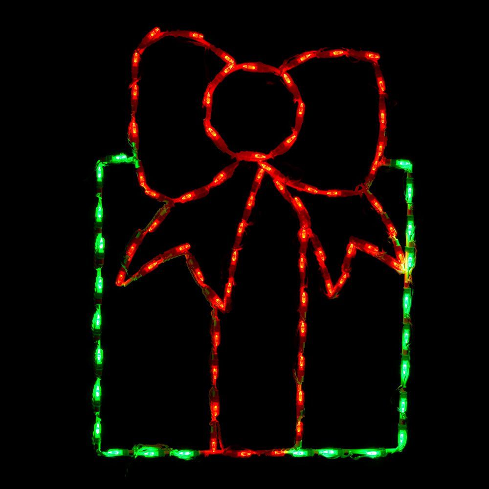 LED Gift Box with Fancy Bow Green with Red Bow